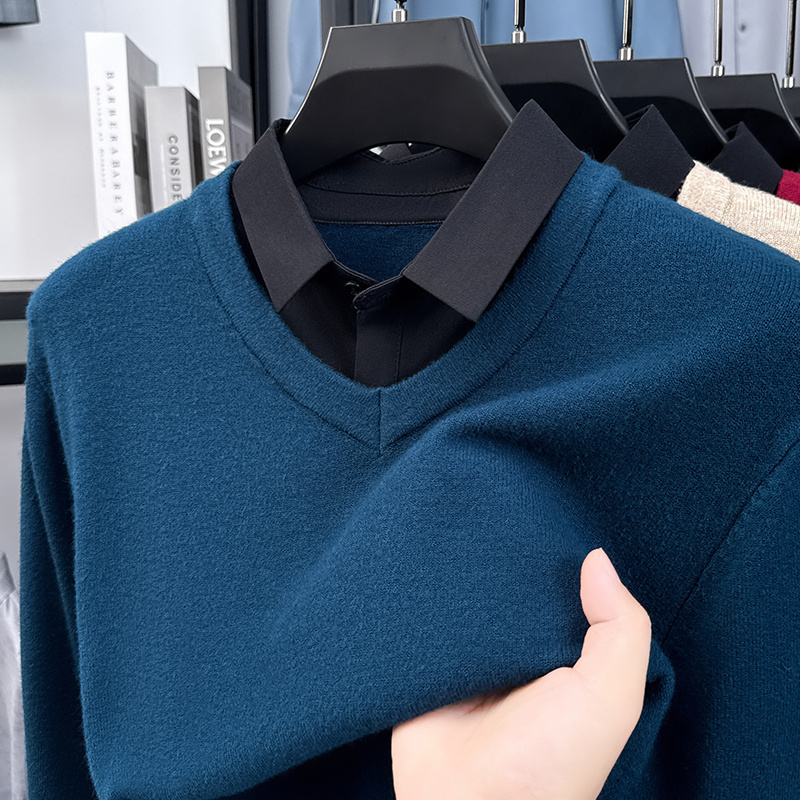 [假两件]针织衫毛衣假两件衬衫领拼接V领假两件套翻领休闲毛针织