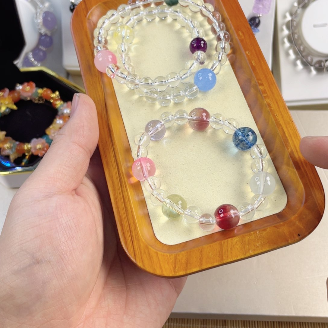 水晶手串银S800镀金镶嵌