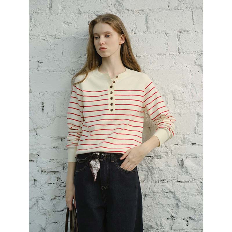 【CIRCLOFY瑟夕】法式复古时尚撞色条纹V领针织衫CIVD783392