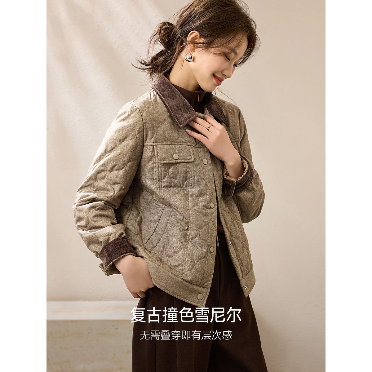 沫晗依美【雅致都市】2025冬季经典巴恩风撞色工装夹克棉服外套3304