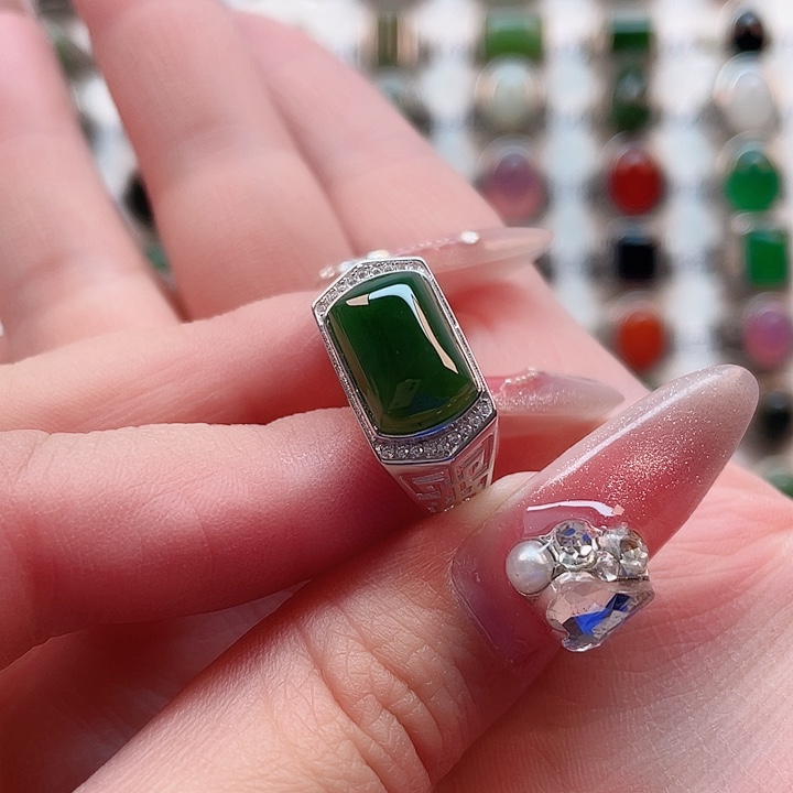 和田玉戒指银S925镶嵌