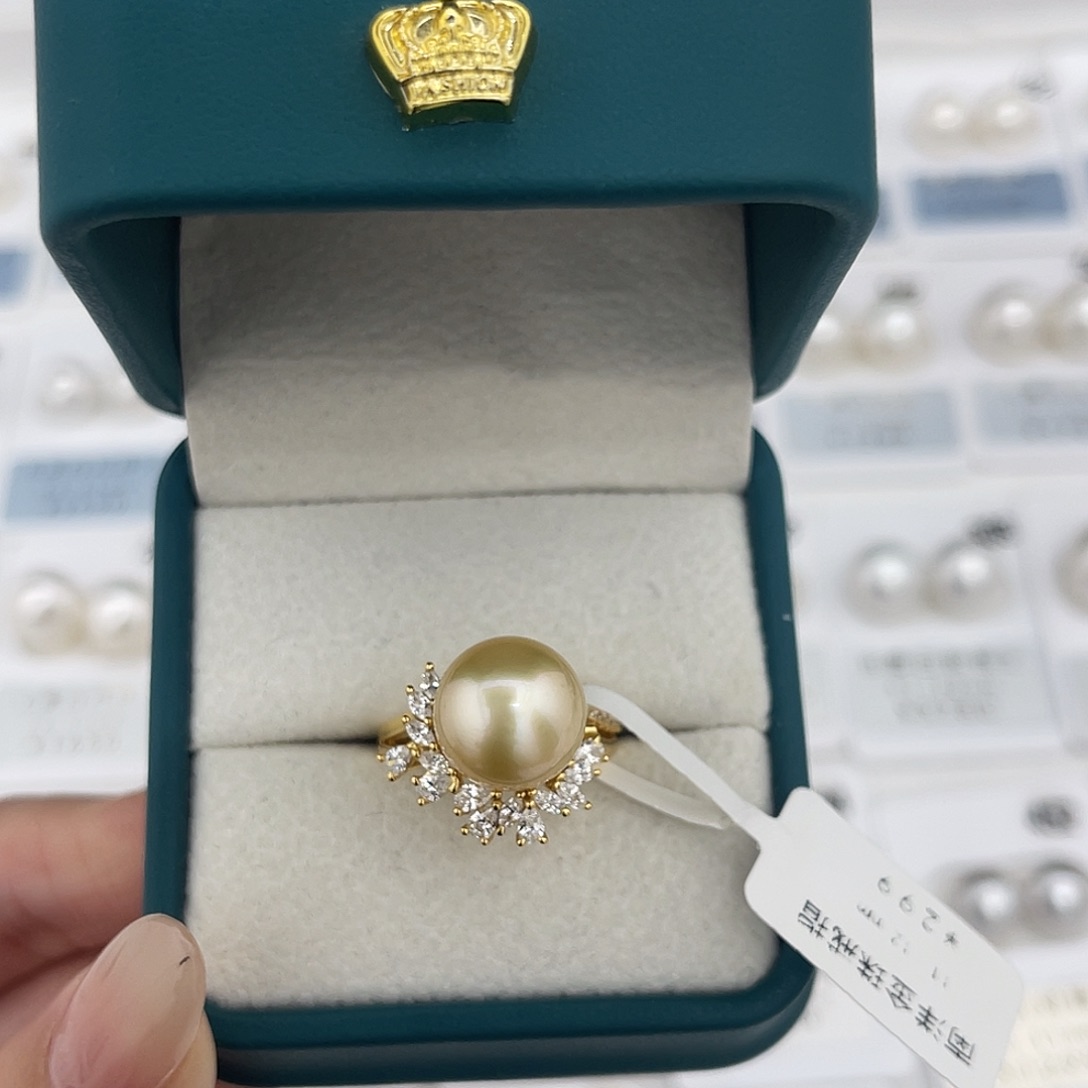 定制海水珍珠未镶嵌裸珠南洋金珠戒指11-12