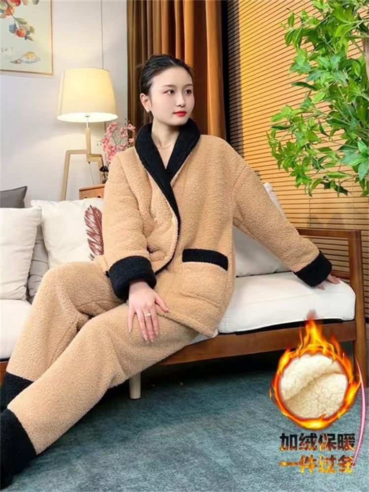 高级感法式羊羔绒开衫睡衣秋冬加厚加绒珍珠绒家居服套装可外穿
