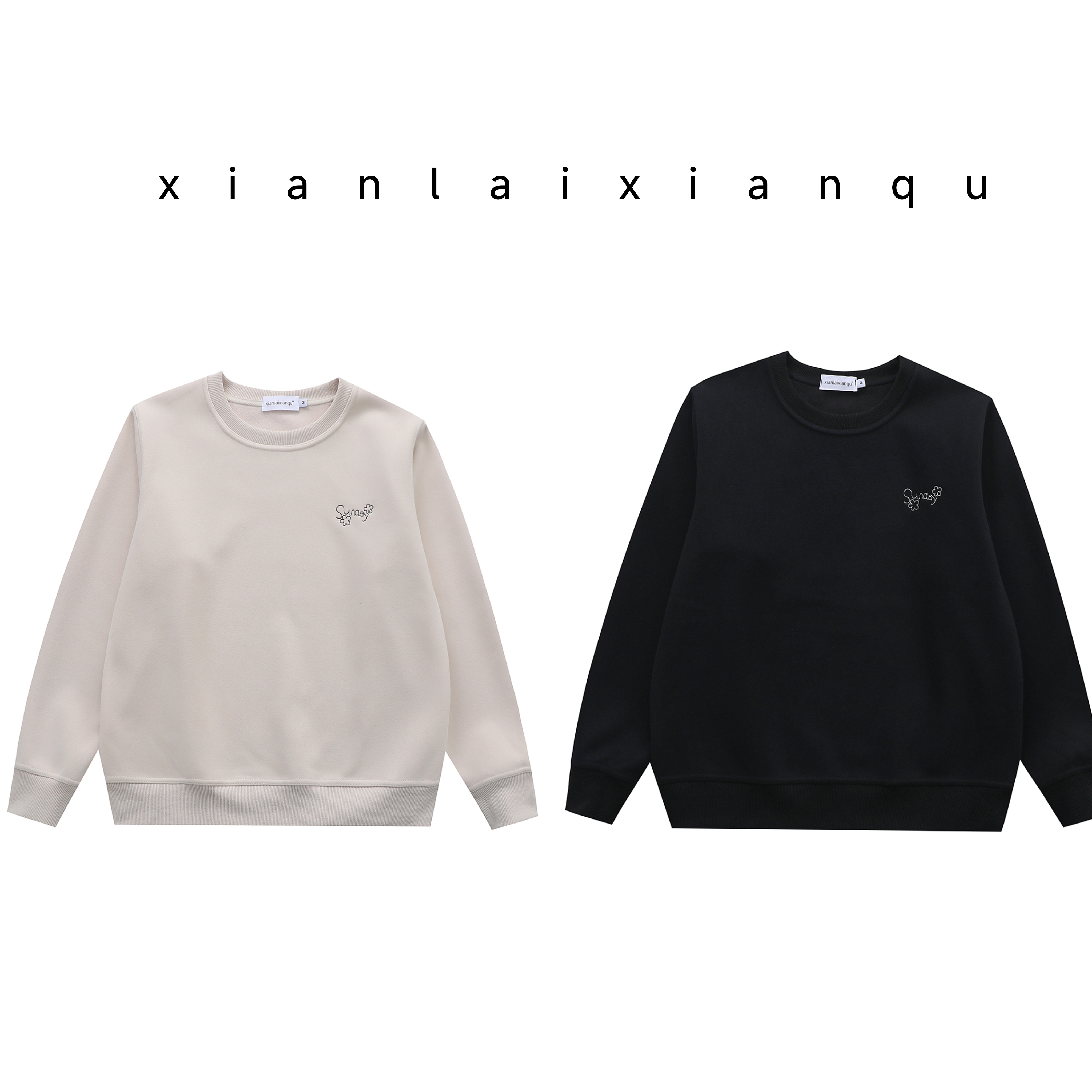 冬新款加绒加厚韩版休闲时尚纯色百搭圆领刺绣花朵卫衣上衣秋冬女