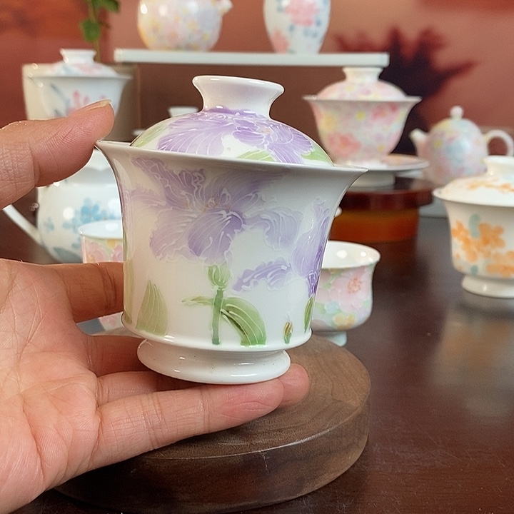 鸢尾花盖碗釉下手绘高温