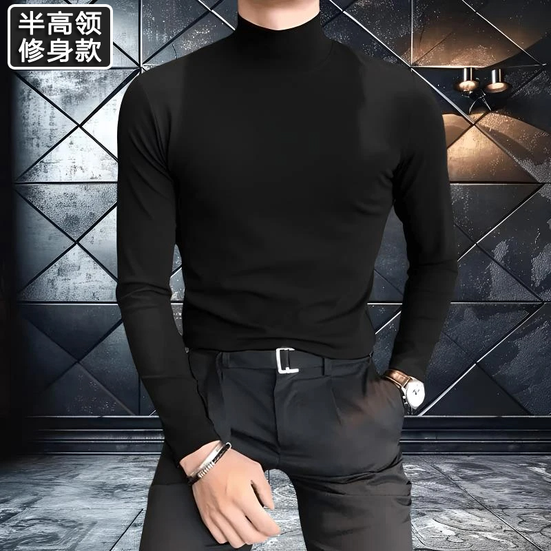 男士秋冬半高领打底衫长袖上衣韩版修身潮流内搭双面德绒纯色中领
