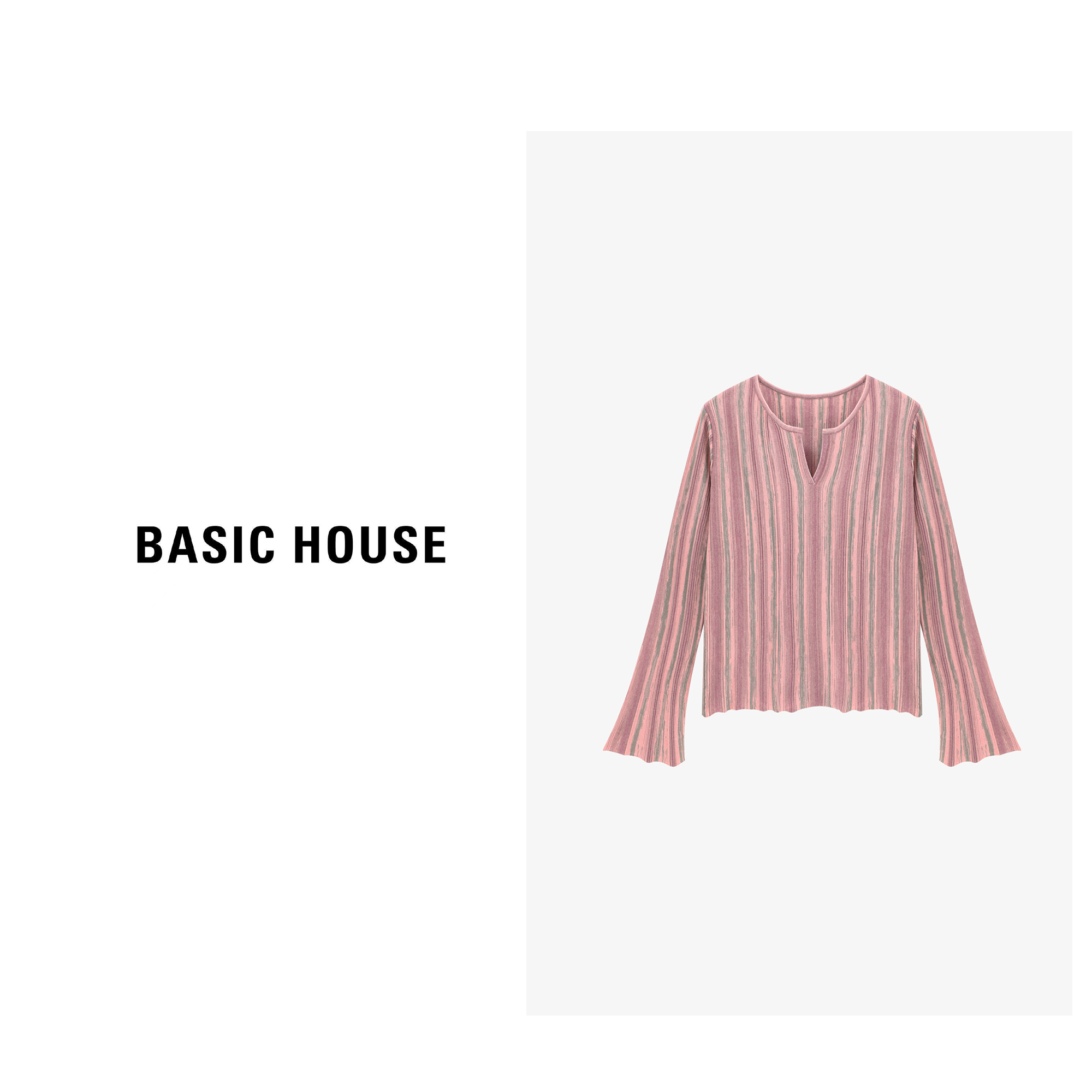 Basic House/百家好新款条纹小V领显瘦喇叭袖针织衫-B0625B5LIN2