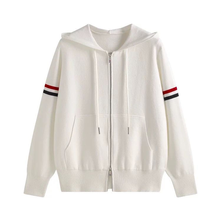 2025早秋新款慵懒风彩条双袖杠针织拉链连帽开衫宽松外套女潮