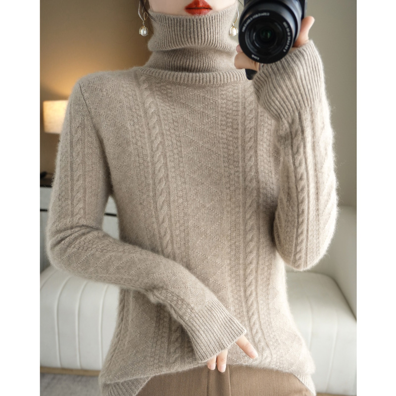 羊毛加厚女纯色宽松型加厚修身衫半高领绒衫高领毛