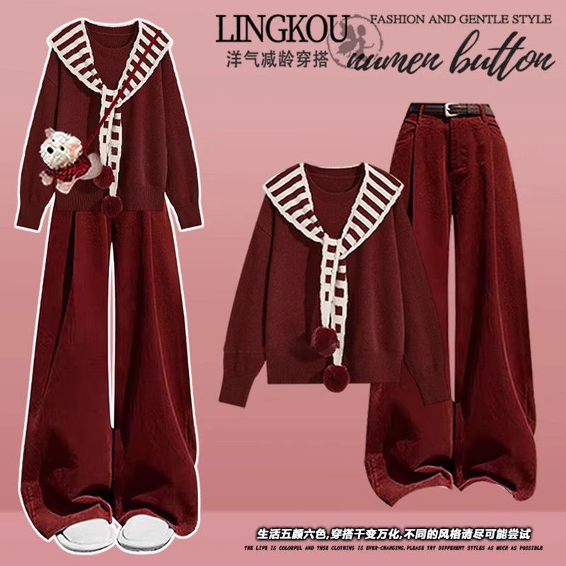 2025新年战袍冬季套装女红色学院风针织毛衣高腰显瘦休闲裤两件套