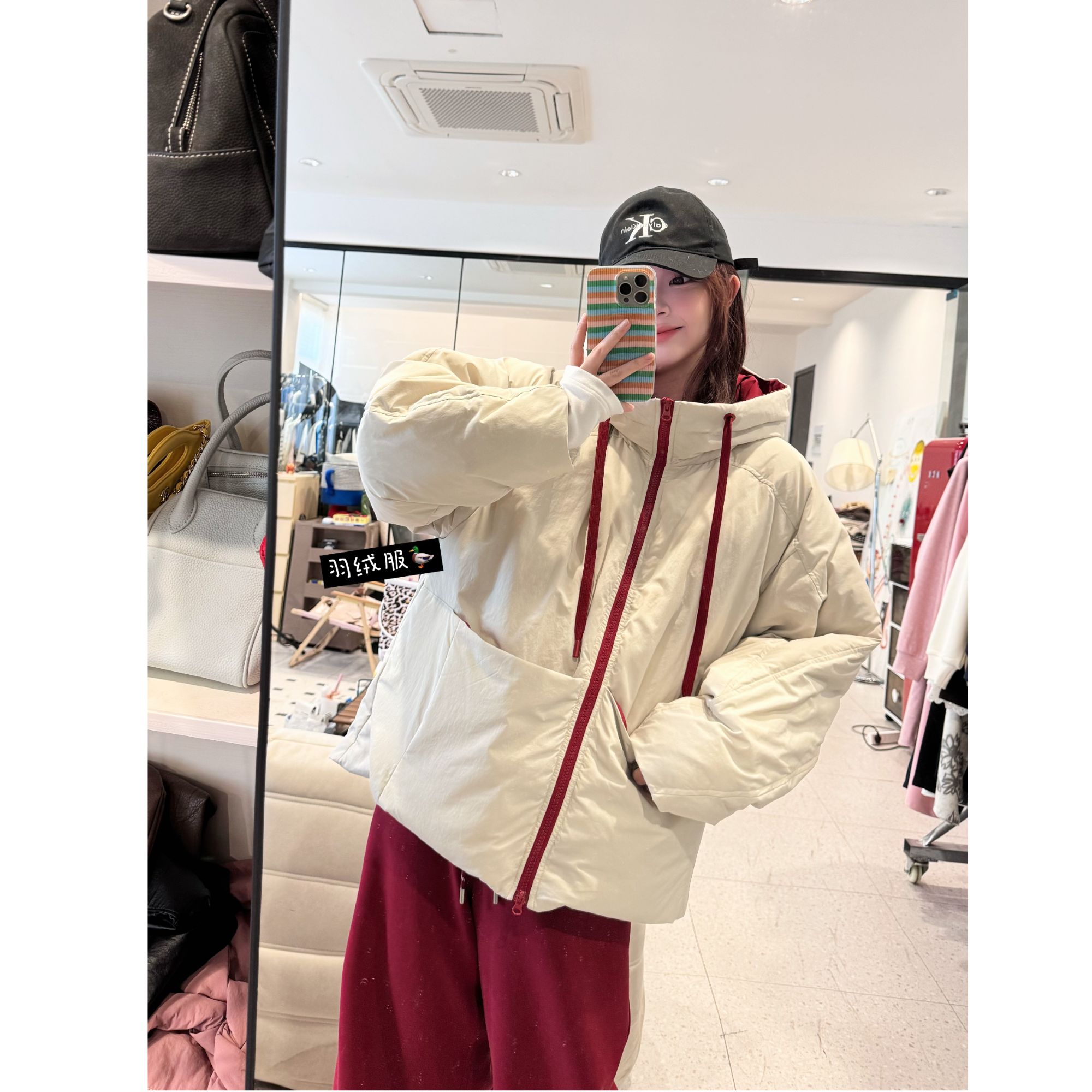 晶咕【暖宝宝】内里撞色连帽宽松保暖羽绒外套百搭时尚