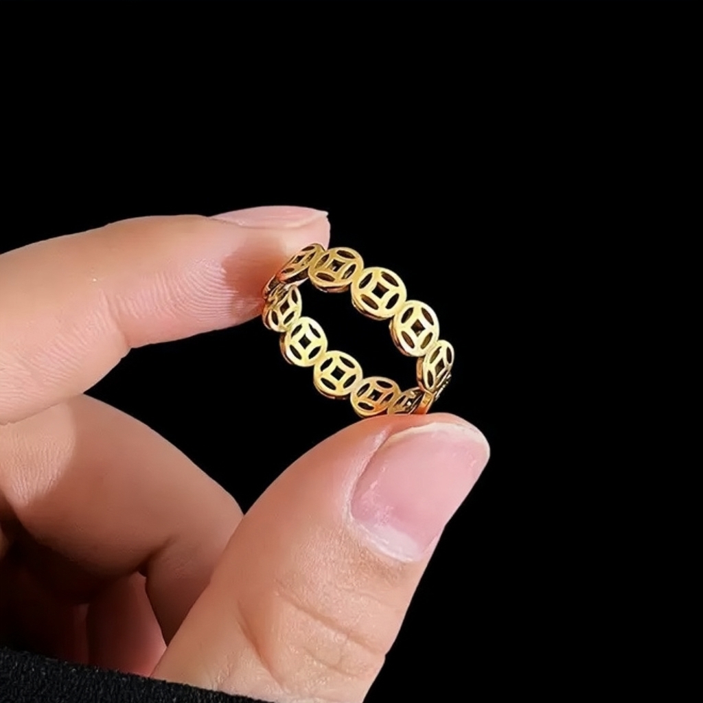 钛钢戒指 铜钱戒指女男士素圈金色情侣对戒时尚百搭复古指环ins风