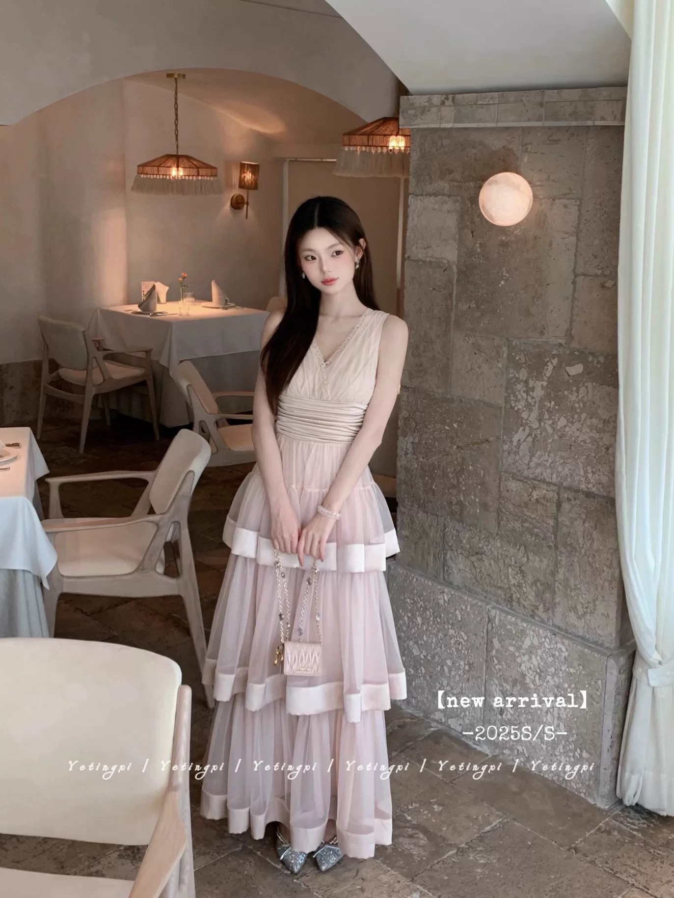 初代千金/重工超大摆韩系高腰古早蛋糕网纱缎面拼接长裙