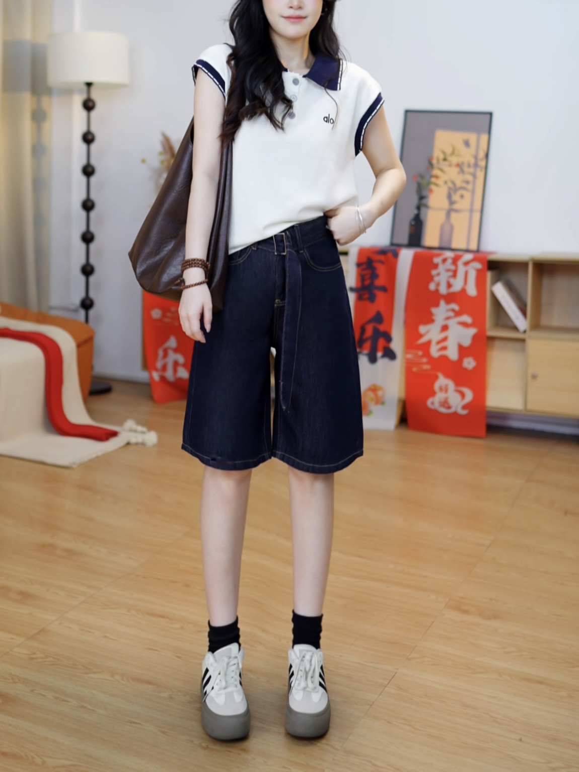 莱赛尔天丝牛仔裤女2025新款丹宁蓝夏季腰带高腰显瘦直筒阔腿短裤