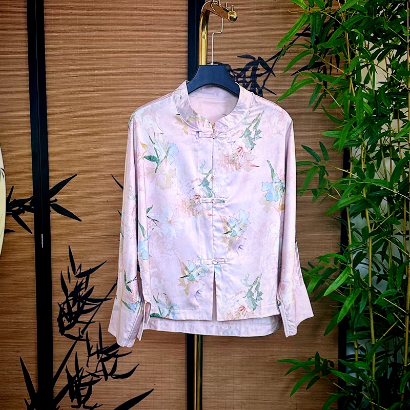 新中式国风秋季复古盘扣提花真丝长袖宽松百搭开衫外套女款休闲