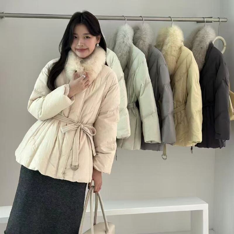 2025冬季新款韩系狐狸毛领90白鸭绒羽绒服女中长款系带8501