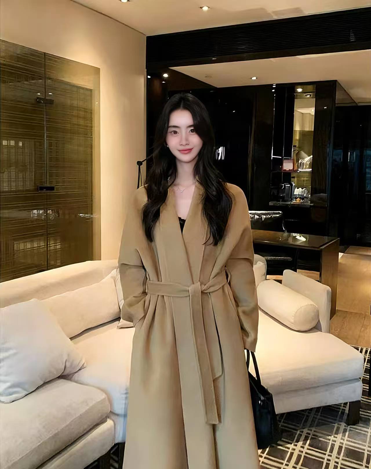 （长今）适中长款V领中长款秋冬厚款圆下摆毛呢外套0035