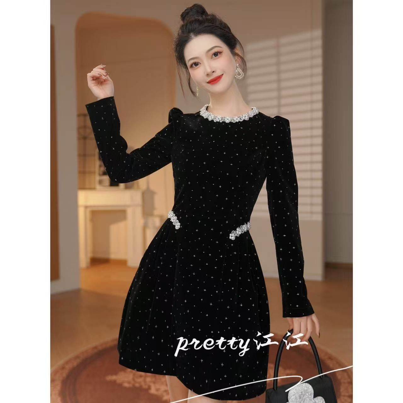 Pretty小众设计师品牌江江定制 优雅时尚气质宴会名媛连衣裙9185