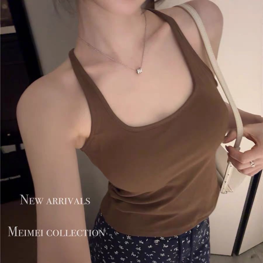 夏设计感方领后背镂空 性感时尚美背自带胸垫背心女