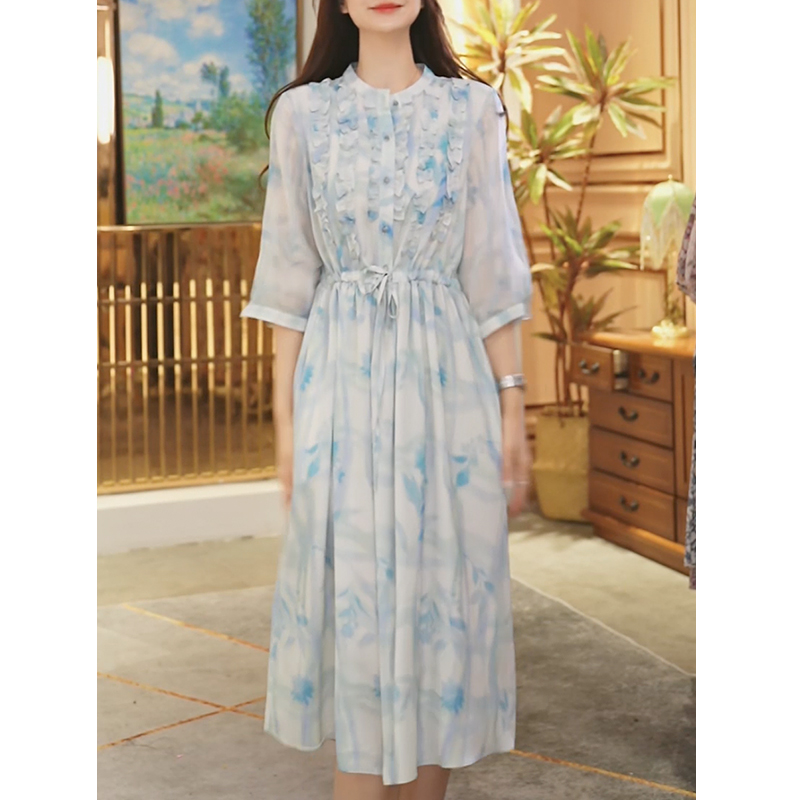 【堇兰】100桑蚕丝春夏气质真丝裙印花桑蚕丝连衣裙女YYQ22-1105