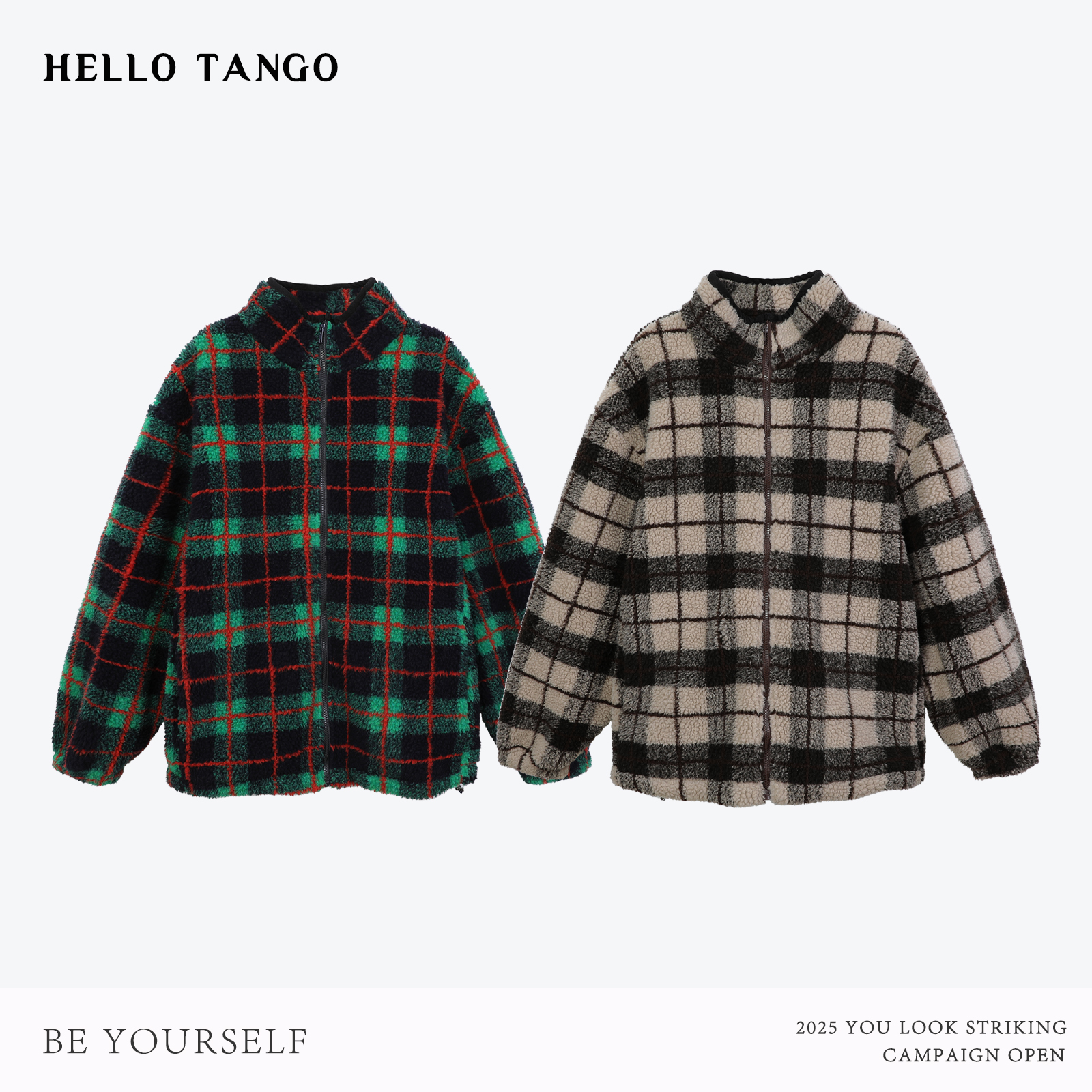 HELLOTANGO《圣诞颂歌》秋冬撞色格纹加厚保暖摇粒绒休闲外套55815#