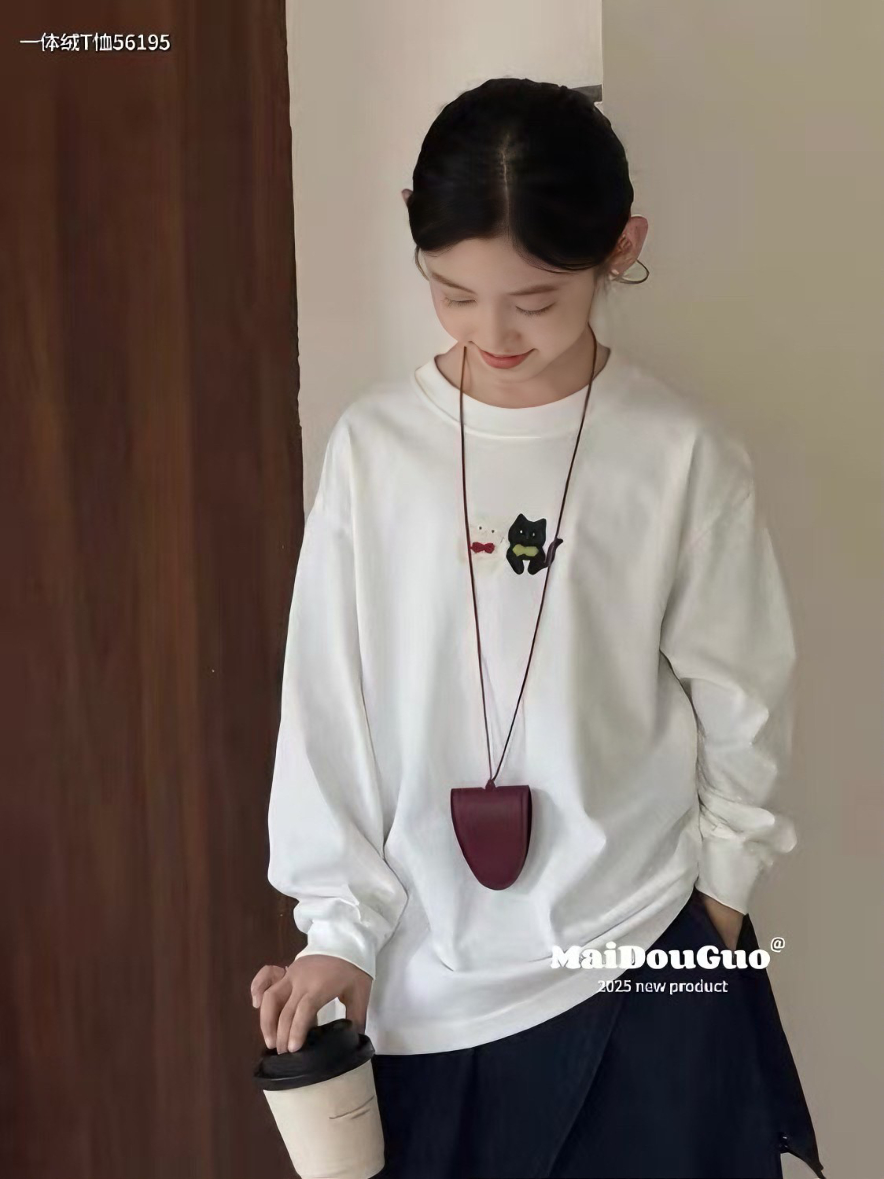 【实体店】MDG秋冬款女童猫咪T恤纯色蕾丝打底加绒棉长袖上衣
