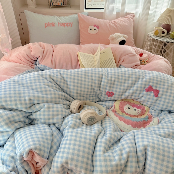 秋冬款牛奶绒毛巾绣ins风床上四件套保暖毛绒宿舍三件套双面绒