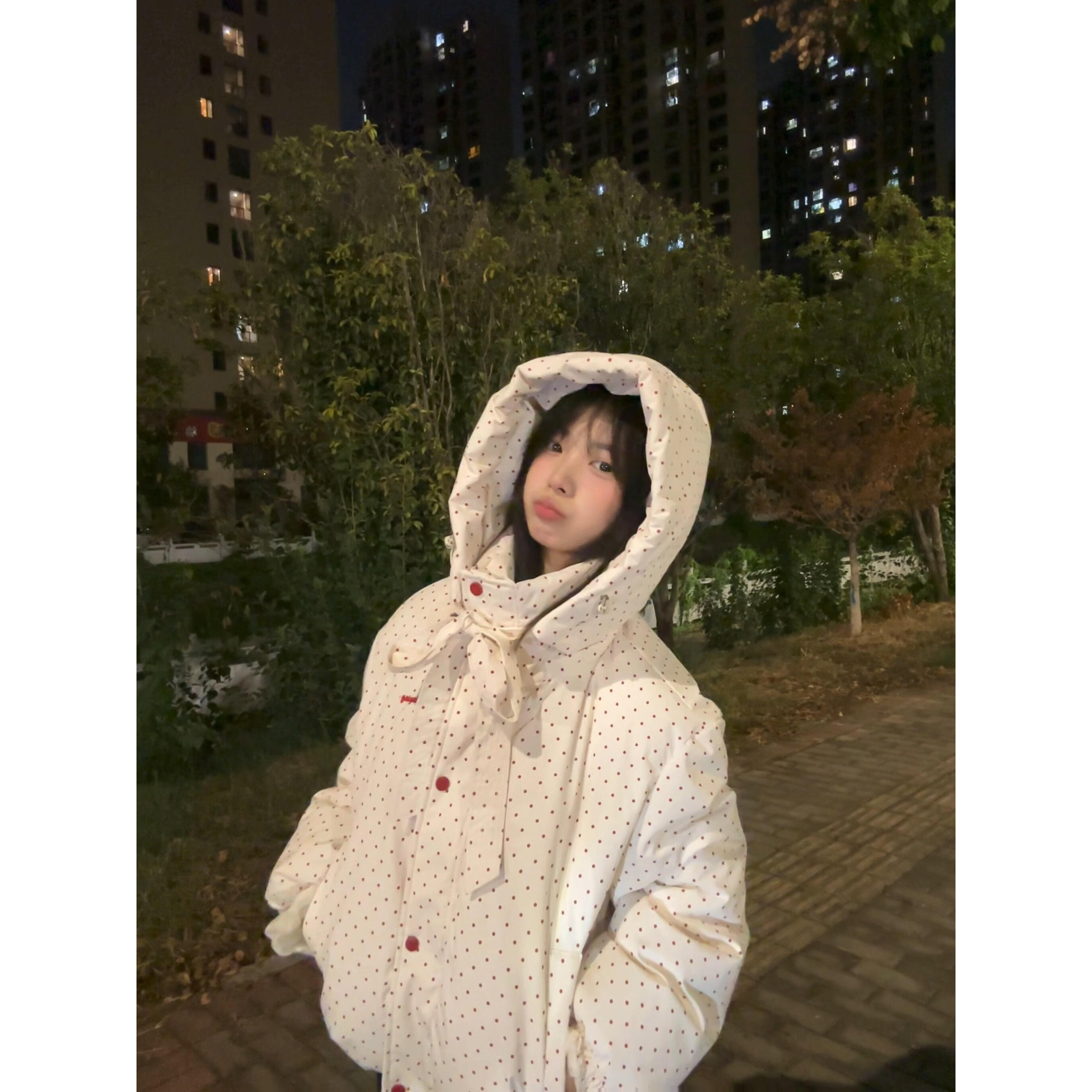 韩系波点蝴蝶结连帽棉服外套女冬季2025新款加厚超好看棉衣面包服