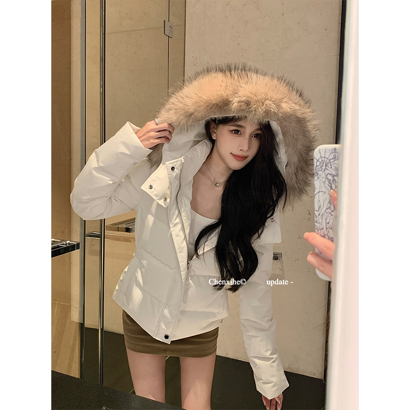 何晨曦 收腰轻薄保暖羽绒服女冬季白色修身可拆毛领外套 T0522W