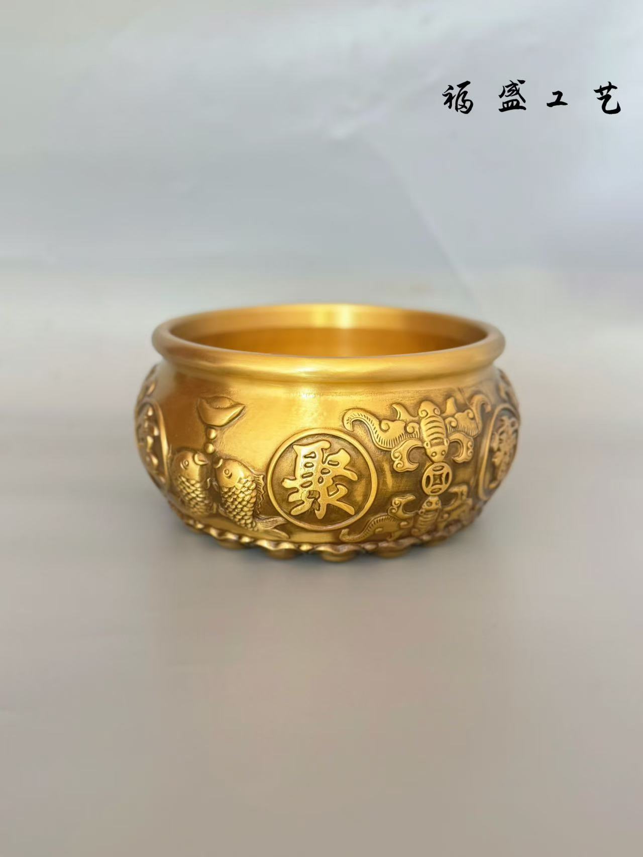 全黄铜复古锦鲤元宝浮雕聚宝盆吉祥物家居装饰工艺品摆设财神