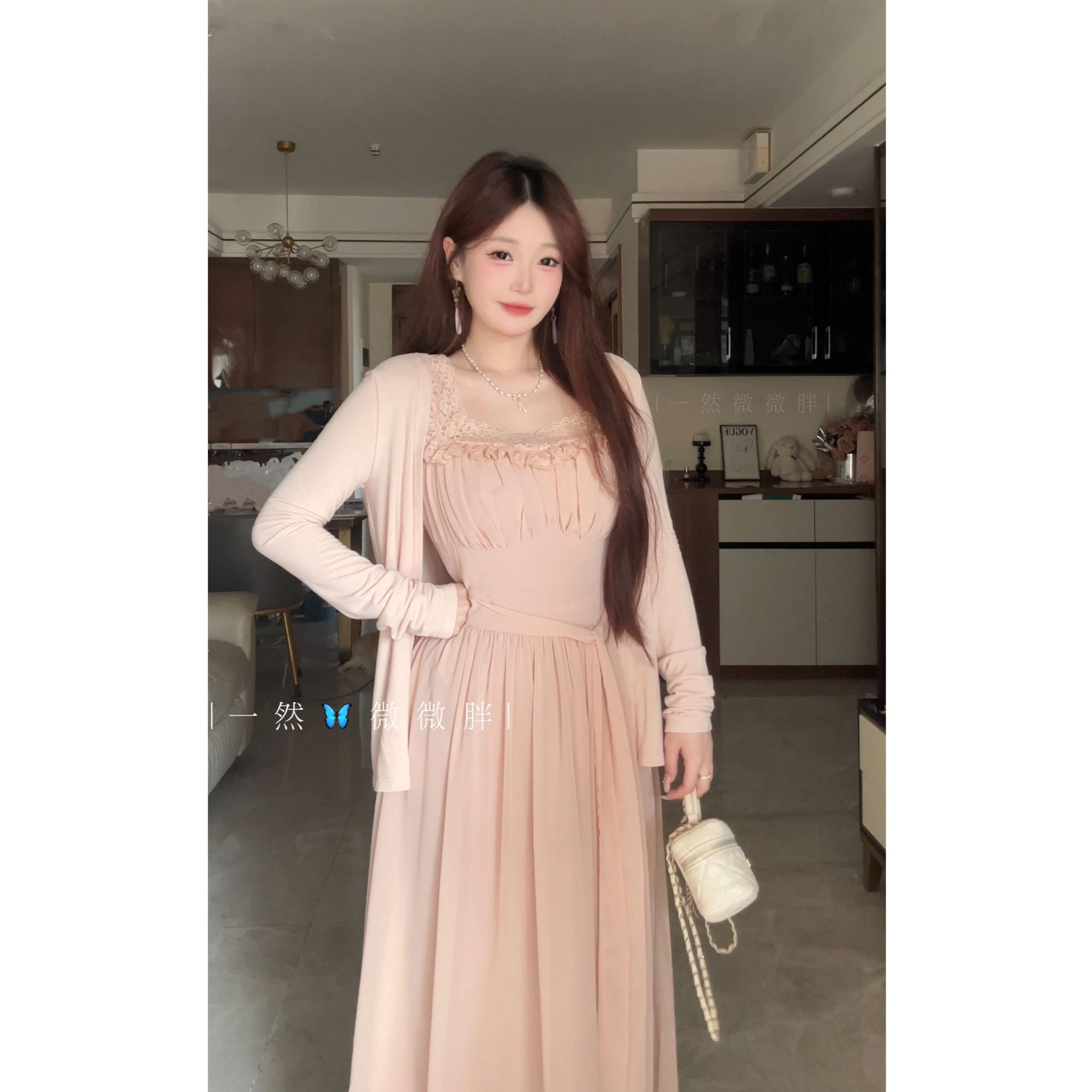 大码女装蕾丝拼接粉色方领吊带连衣裙夏季绑带修身裙子12585