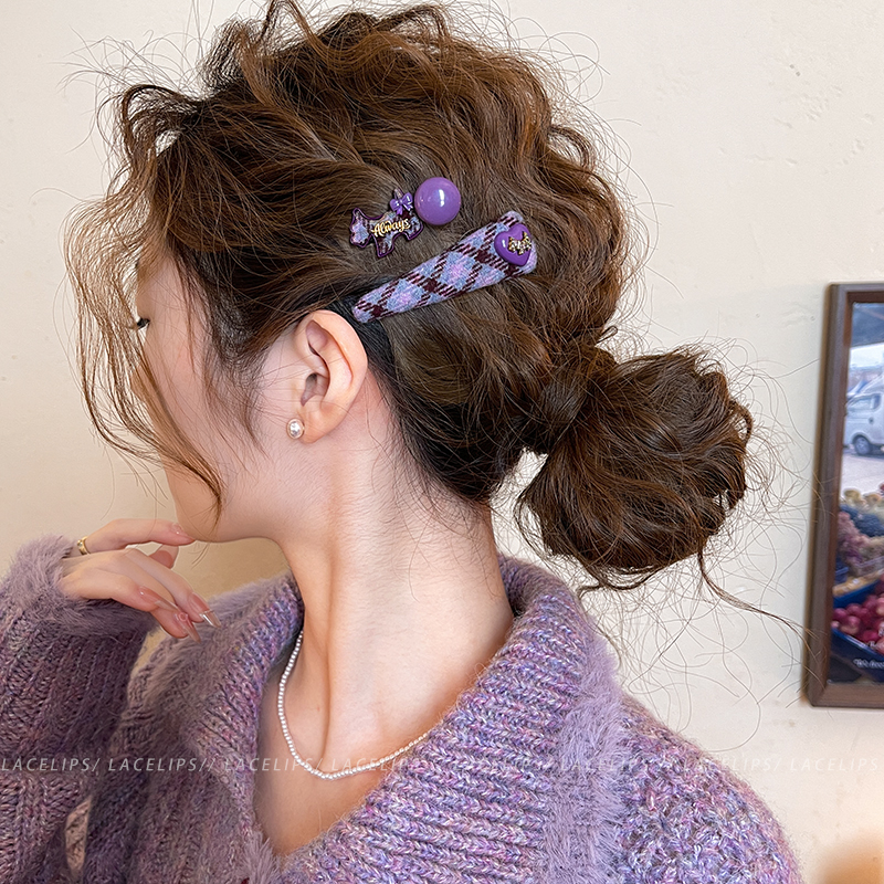 丁香紫~发夹女小狗格纹夹子头饰2025新款边夹侧边发卡前额刘海夹