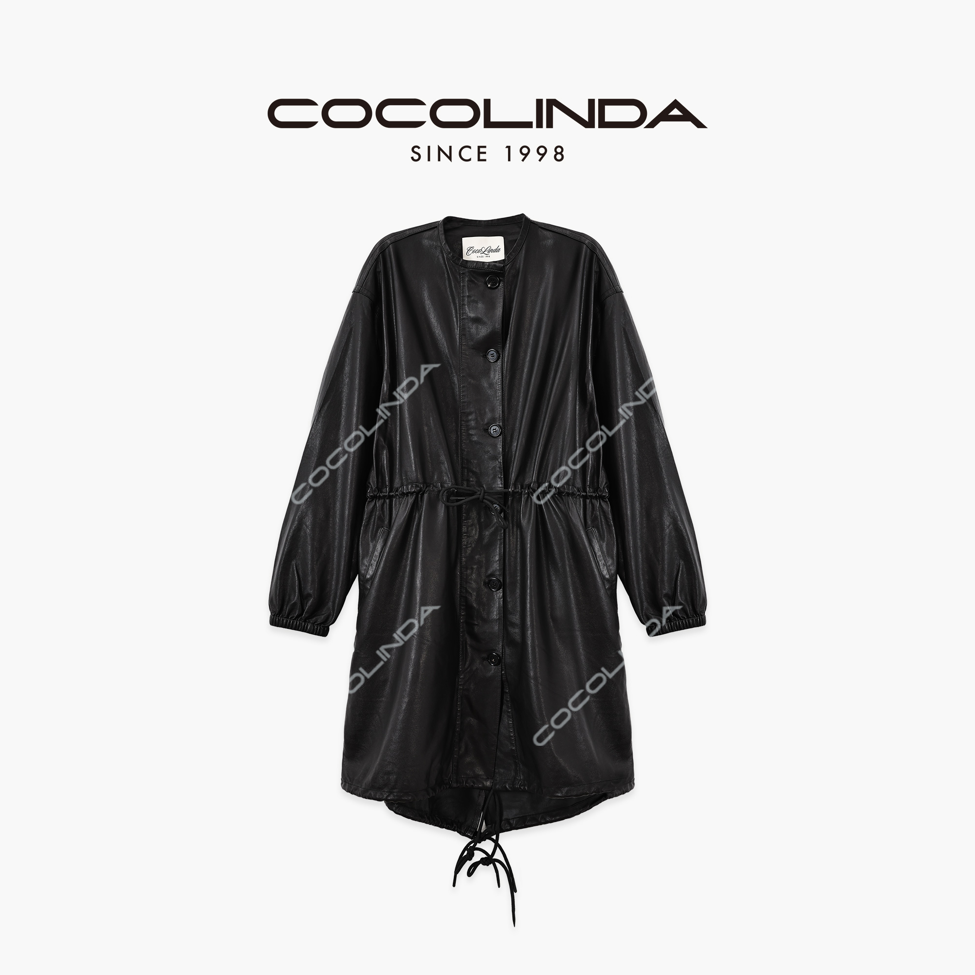 COCOLINDA【100%全植绒绵羊皮】欧美廓形慵懒系带中长款皮风衣F5260