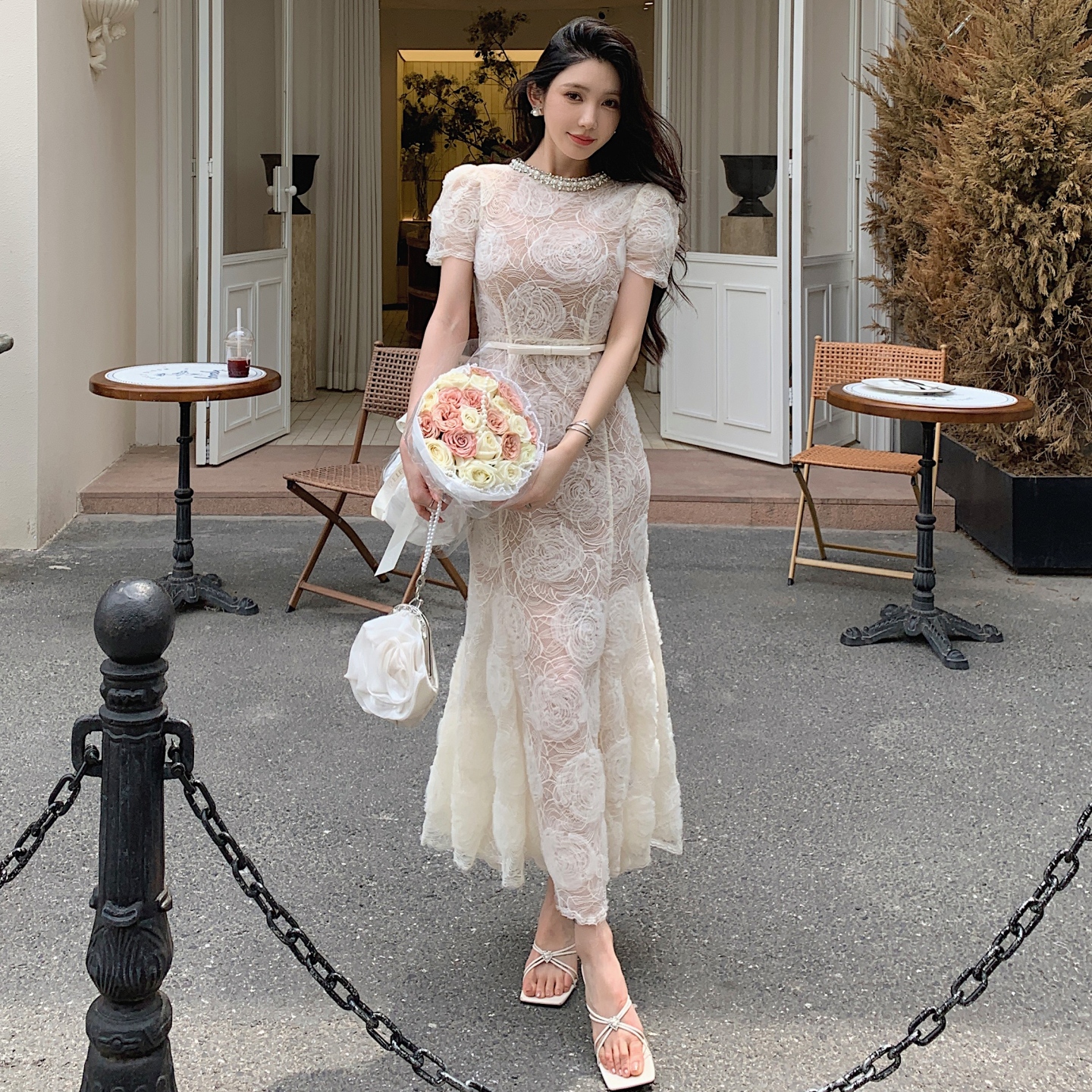 纯欲风富家千金穿搭盘花知性蕾丝圆领短袖长款仙女慵懒洋气连衣裙