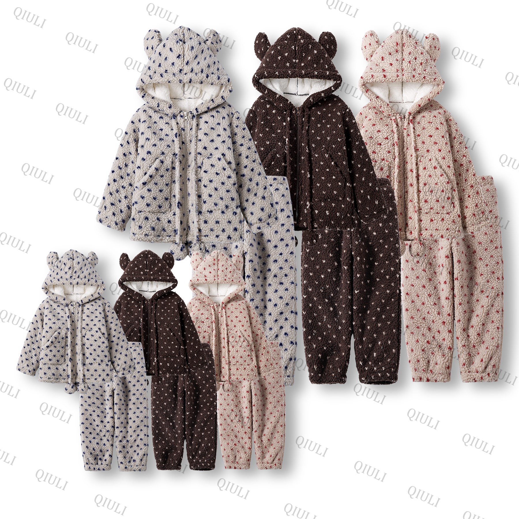 【QIULI】冬季三层夹棉“冬日爆款爱心”暖绒加厚保暖亲子家居服套装