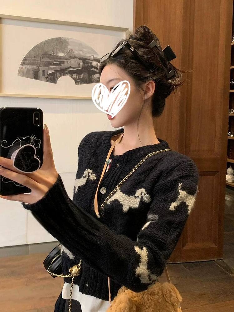 秋冬卡通小狗提花针织开衫慵懒风韩系减龄短款毛衣外套上衣