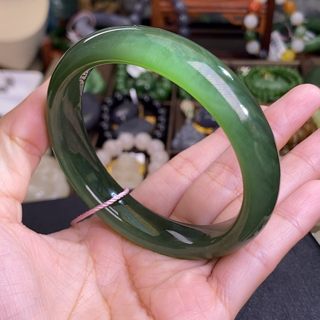 和田玉57.6 碧玉猫眼冰底天花板手镯收藏未镶嵌