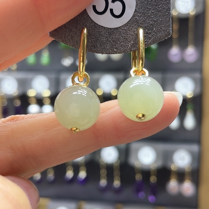 和田玉耳饰银S925镀金镶嵌