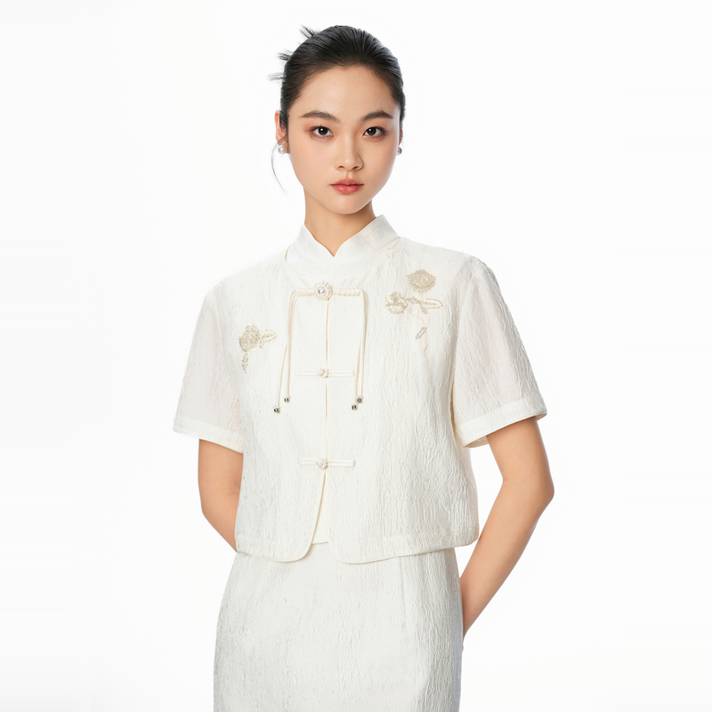 DOUBLOVE贝爱夏季新款国风新中式圆领短外套重工盘扣含桑蚕丝白色
