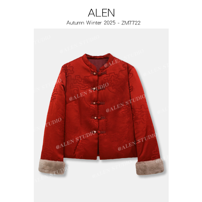 【Alen女装店】新中式国风提花拼接水貂毛棉外套ZM7722.