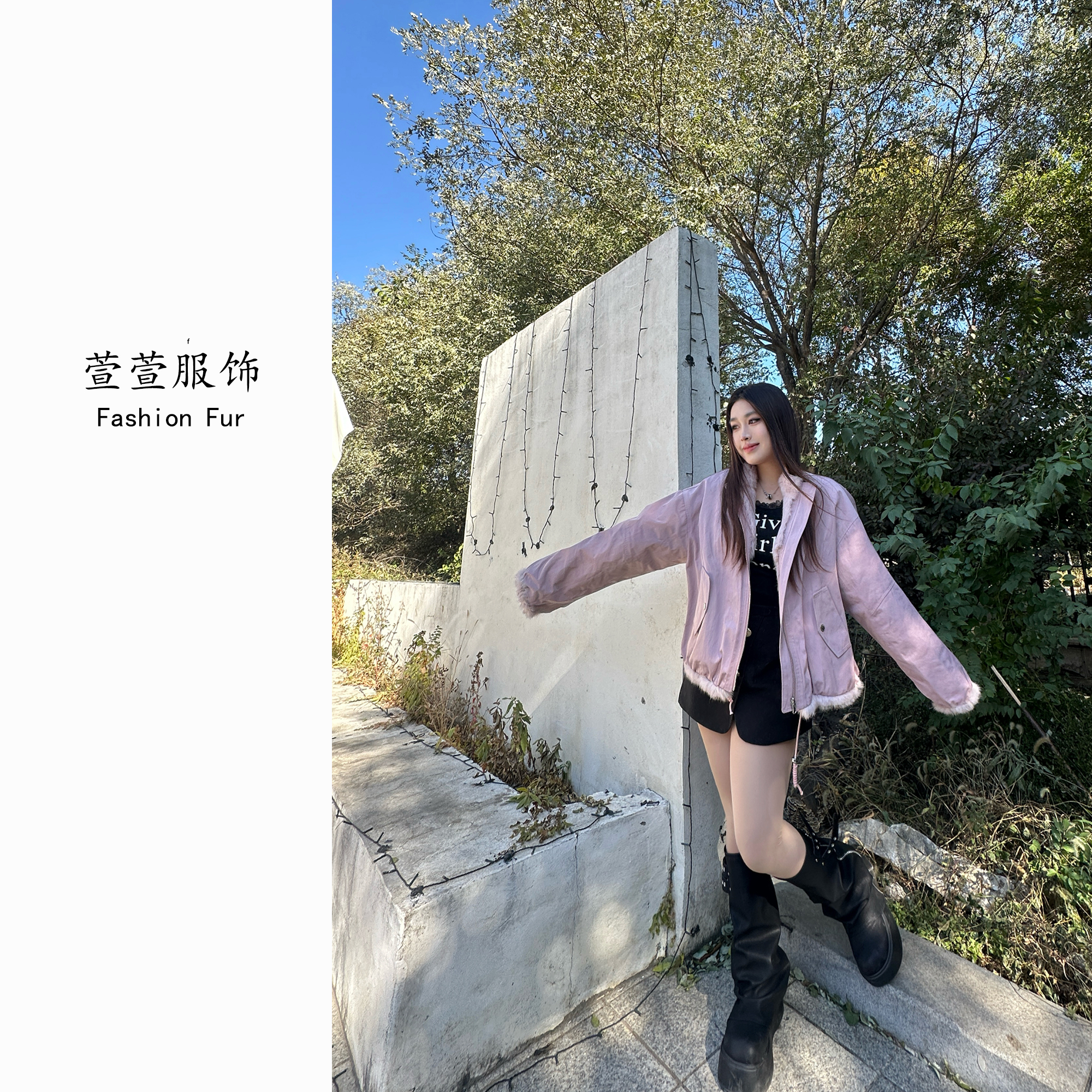 『萱萱』小清新/新款休闲两面穿短款百搭宽松兔毛女士皮草派克秋冬