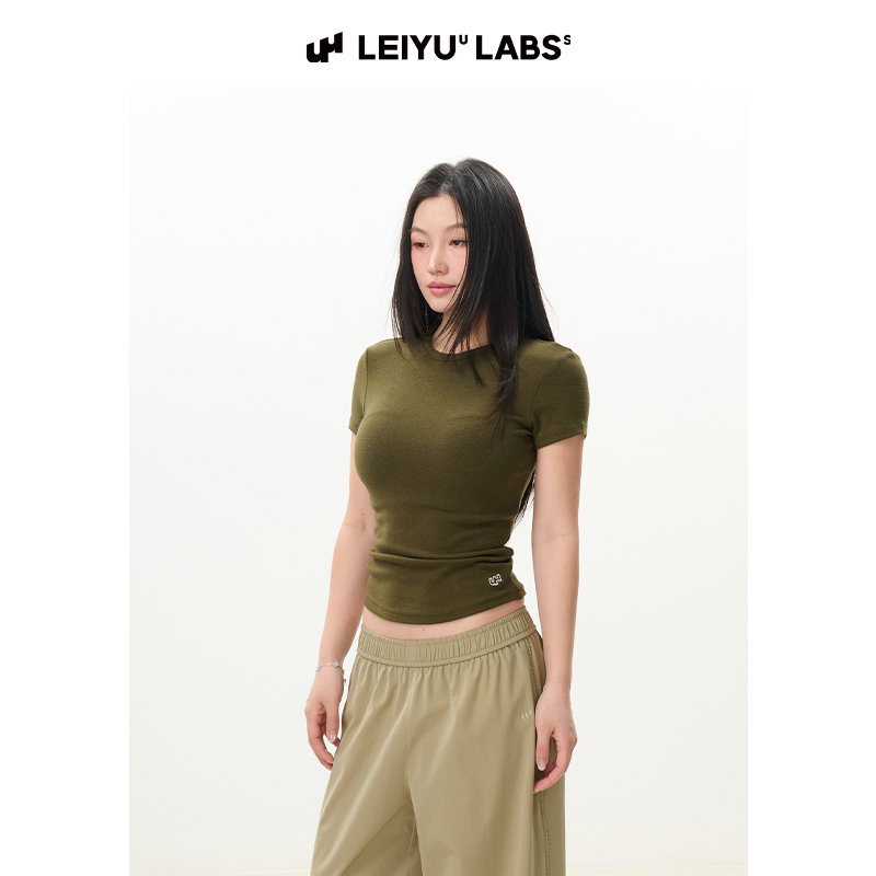LEIYU LABS针织小圆领正肩短袖T恤女2025年夏季新款紧身刺绣上衣