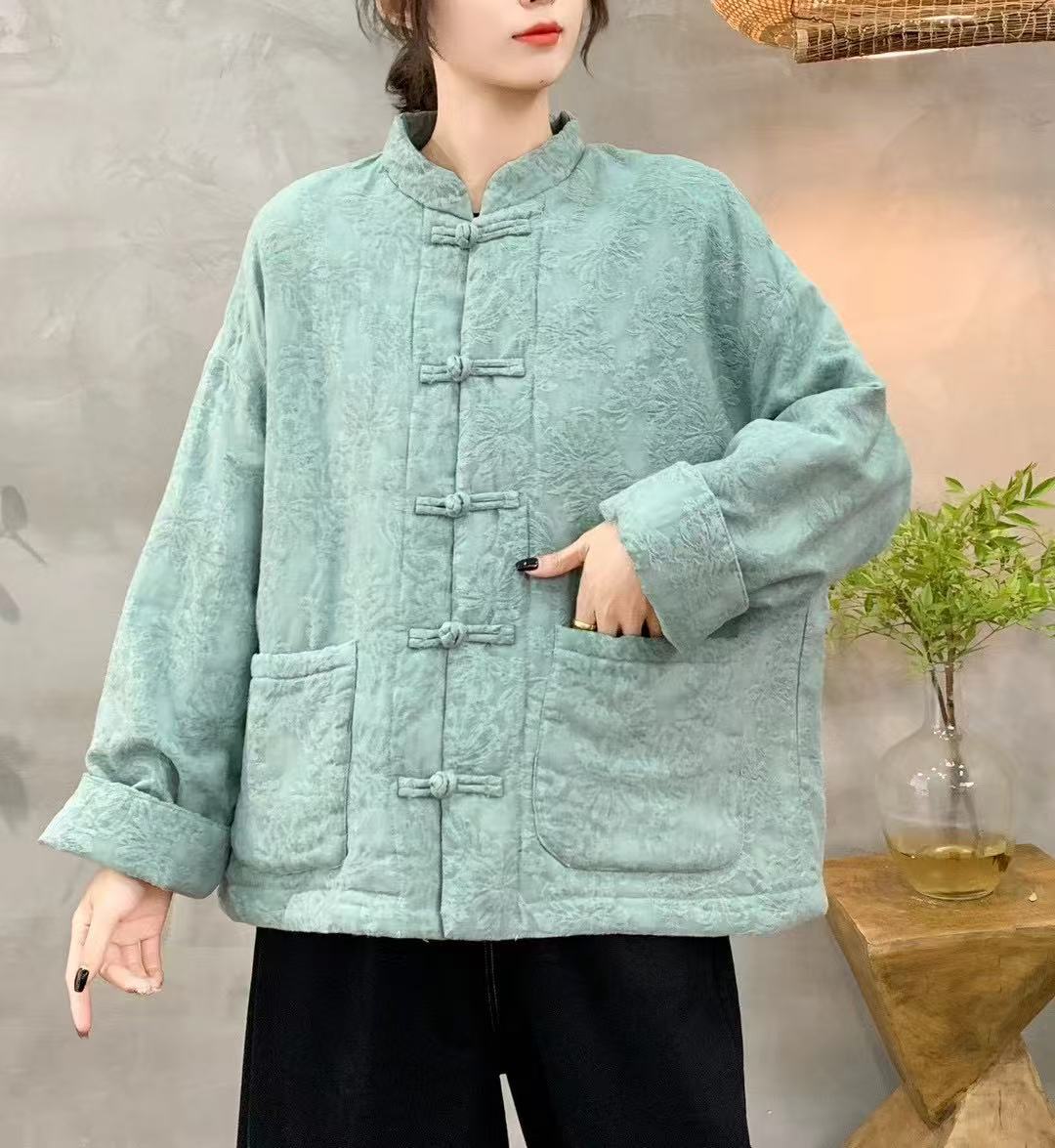 压花宽松型中式复古休闲常规圆领棉服棉衣保暖ins中国风外套立领