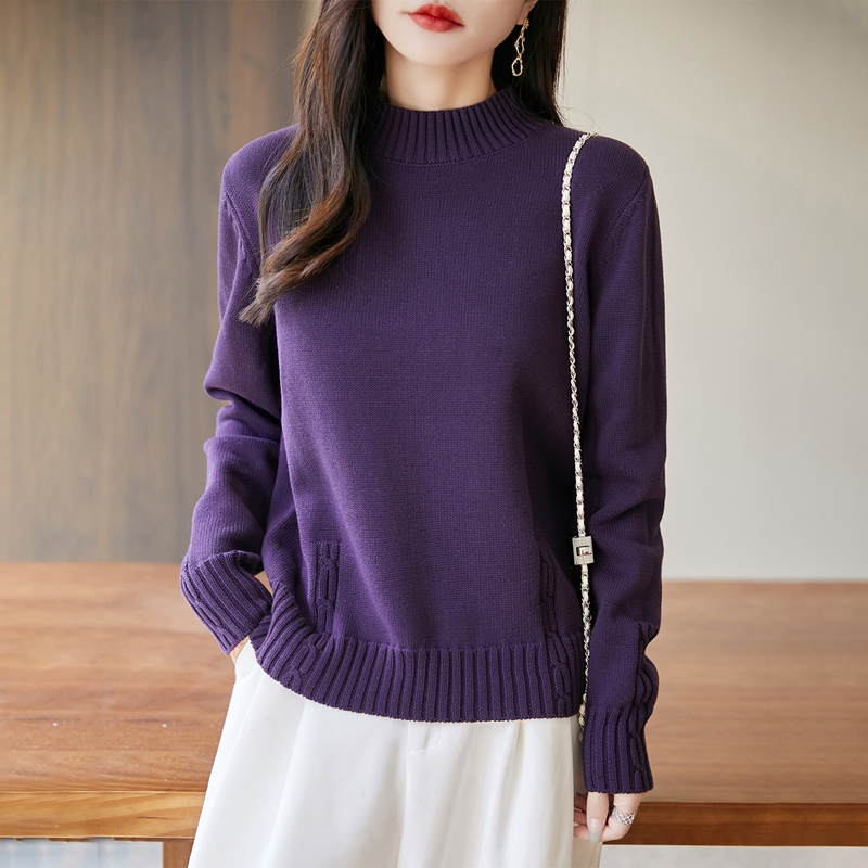 100%纯棉加厚毛衣半高领长袖针织厚毛针织衫纯修身打底衫链条提花