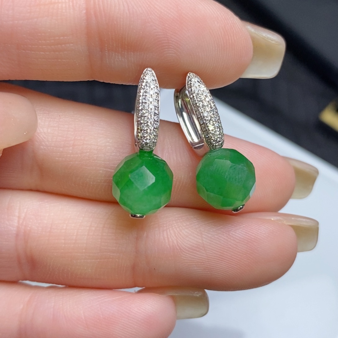 翡翠18K金镶嵌耳饰切割面珠珠耳扣（卡9.2mm）