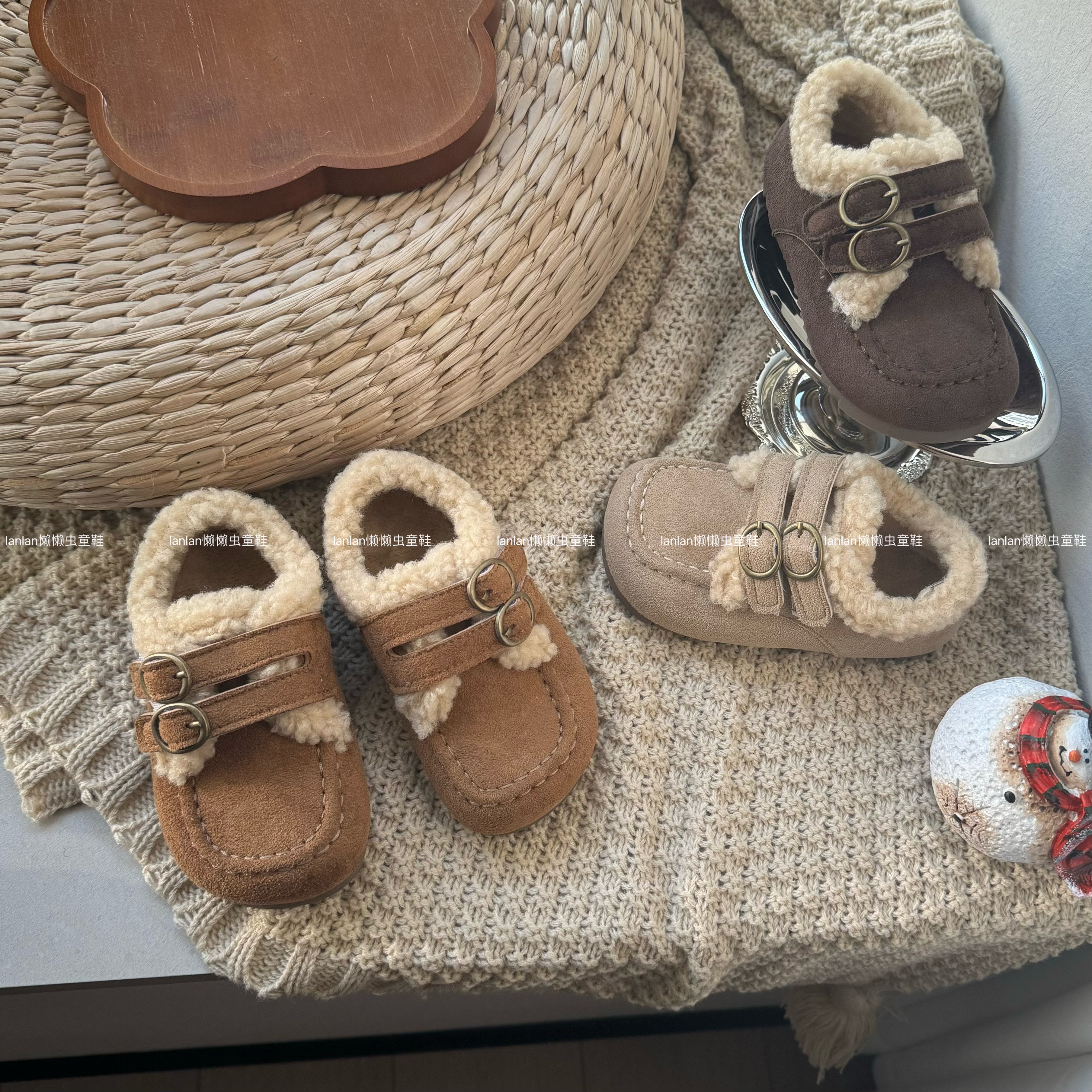懒懒虫家【冷茶咖啡】女童复古纯色加绒豆豆鞋冬季男童休闲博肯棉鞋