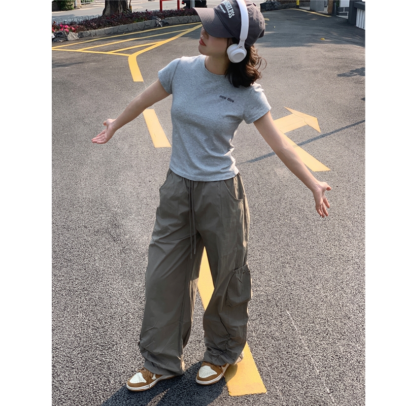 九月春夏新款高街辣妹阔腿裤设计感百搭大口袋抽绳显瘦ins工装裤