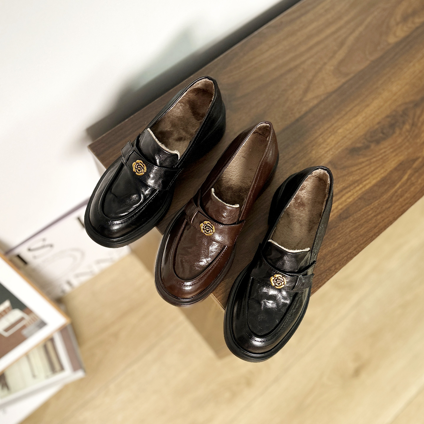 5cm/2749羊皮粗跟圆头绒里保暖复古乐福鞋英伦风真皮女单鞋秋冬