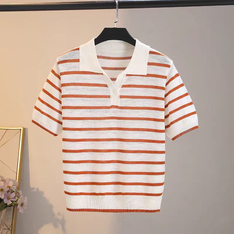 绒贝斯9049夏季针织短袖女条纹翻领T恤衫休闲韩版套头学院风上衣
