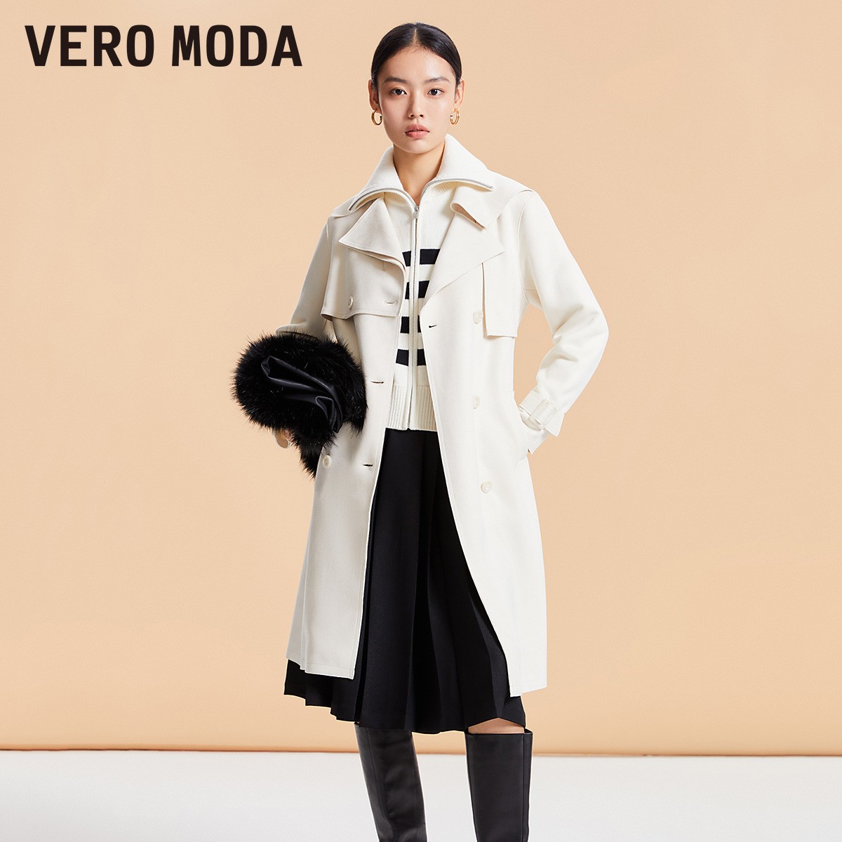 Vero Moda风衣外套女直筒收腰翻领长款双排扣324109002